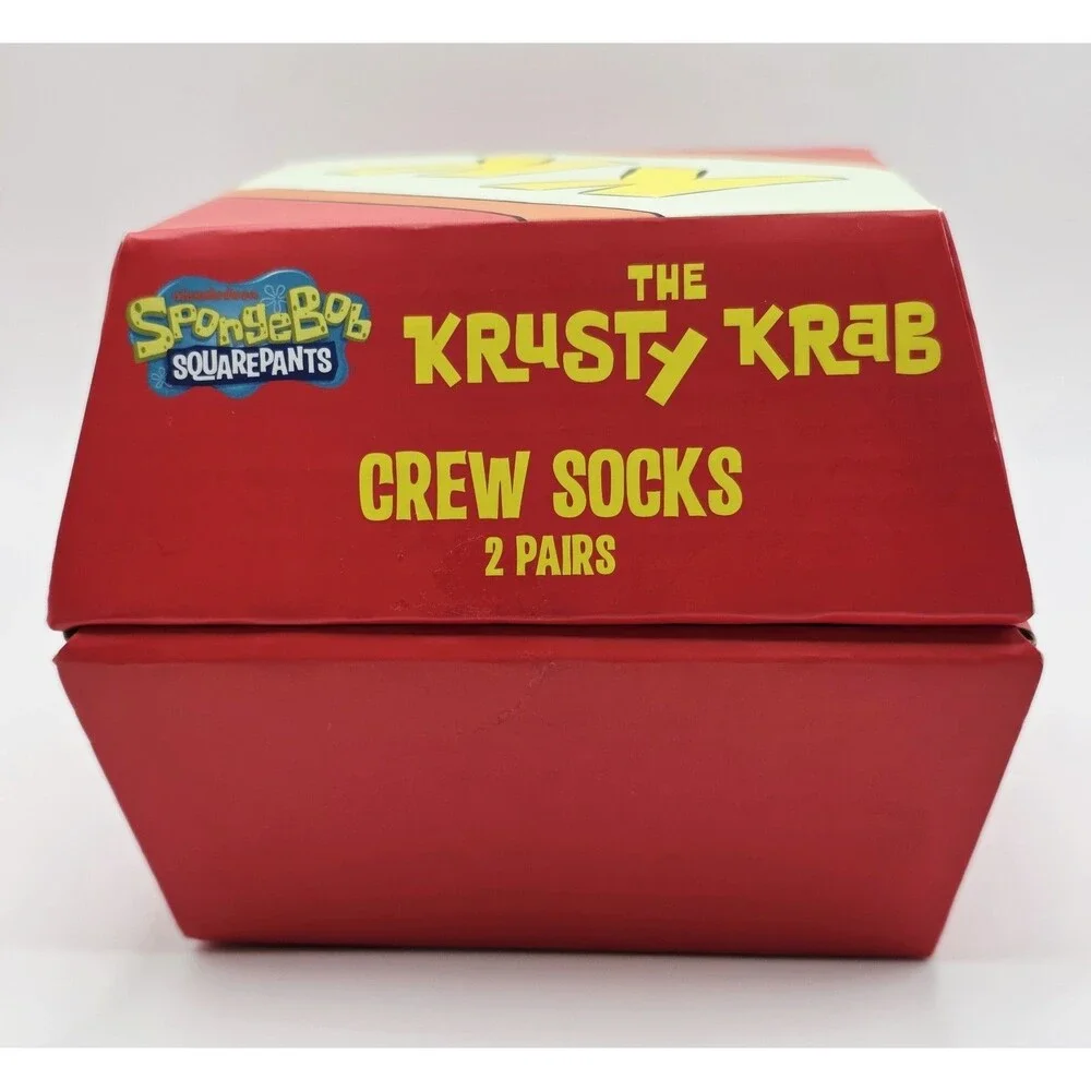 SpongeBob Krusty Krab Crew Socks 2 Pair Set Size 8-12 Nickelodeon Gift Box NEW